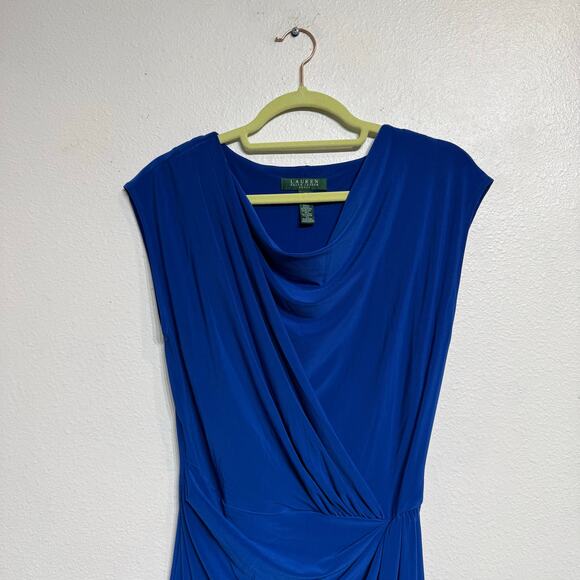 Lauren Ralph Lauren Blue Faux Wrap Ruched Side Slit Midi Dress Sz 8 - Picture 3 of 11